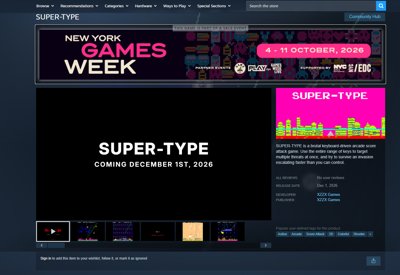 SUPER-TYPE's Steam page carrying the New York Games Week banner.